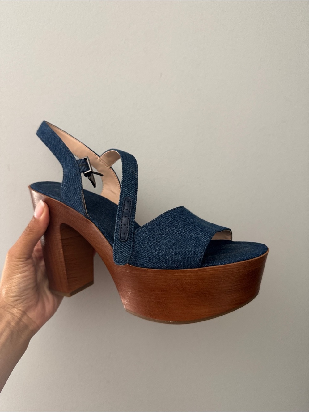 Mix No. 6 Denim Blue Platform Sandal with Wood-Tone Heel